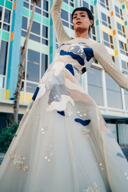 Buy_Sahil Kochhar_Beige Net Sequins, Embroidery Round Neck Gohar Abstract Applique Work Gown _Online_at_Aza_Fashions