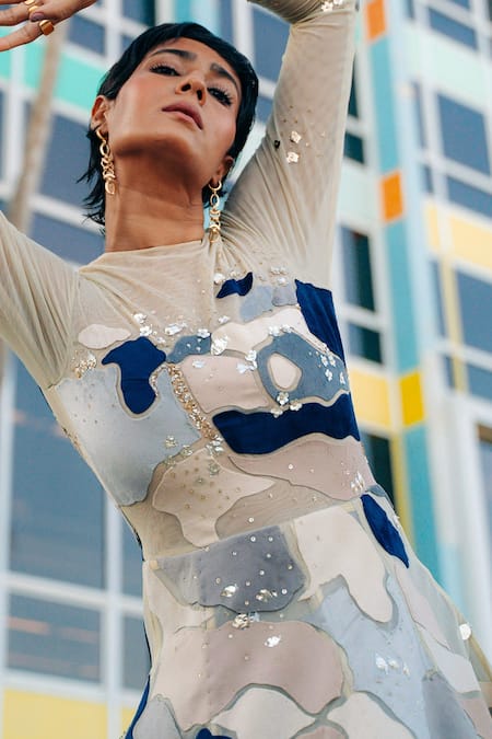 Shop_Sahil Kochhar_Beige Net Sequins, Embroidery Round Neck Gohar Abstract Applique Work Gown _Online_at_Aza_Fashions