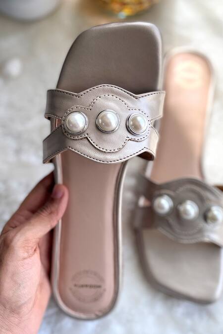 Buy Modanta Footwear Gold Pearl Embellished Flats Online at Aza Fashions Buy_Modanta Footwear_Gold Pearl Embellished Flats _Online_at_Aza_Fashions