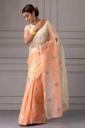 Geroo Jaipur_Peach Silk Embroidered Saree With Blouse _Online_at_Aza_Fashions