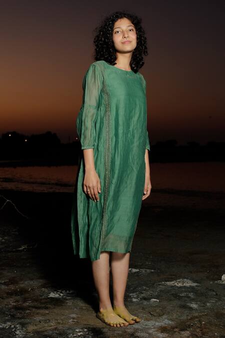 Buy Tatwa Green Viscose Zari Round Neck Handloom Chanderi Dress Online at Aza Fashions Buy_Tatwa_Green Viscose Zari Round Neck Handloom Chanderi Dress _Online_at_Aza_Fashions