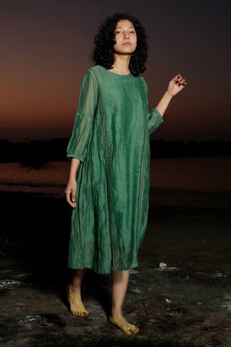 Shop Tatwa Green Viscose Zari Round Neck Handloom Chanderi Dress Online at Aza Fashions Shop_Tatwa_Green Viscose Zari Round Neck Handloom Chanderi Dress _Online_at_Aza_Fashions