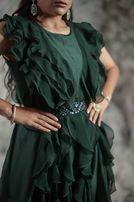 Shop_Negra Elegante_Green Organza, Chanderi Round Ruffle Top And Pant Set_Online_at_Aza_Fashions