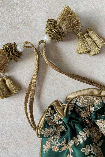 Amyra_Green Embroidery, Tassels Floral Vine Potli _Online_at_Aza_Fashions
