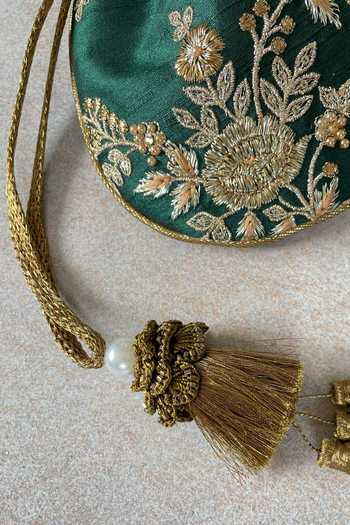 Shop_Amyra_Green Embroidery, Tassels Floral Vine Potli _Online_at_Aza_Fashions