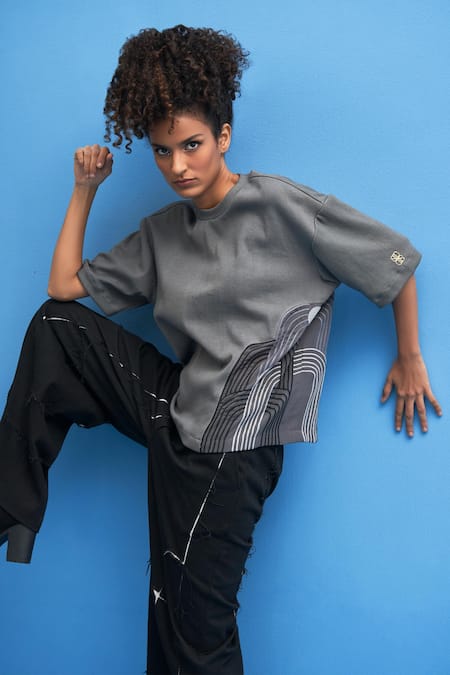 Shop_Siddhant Agrawal_Grey Cotton Embroidery Round Neck Chrysler Placement T-shirt _Online_at_Aza_Fashions