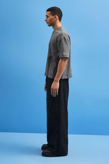 Siddhant Agrawal_Grey Georgette, Jersey Chrysler Hand Embroidered T-shirt _Online_at_Aza_Fashions