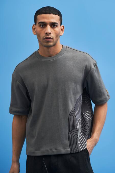 Buy_Siddhant Agrawal_Grey Georgette, Jersey Chrysler Hand Embroidered T-shirt _Online_at_Aza_Fashions