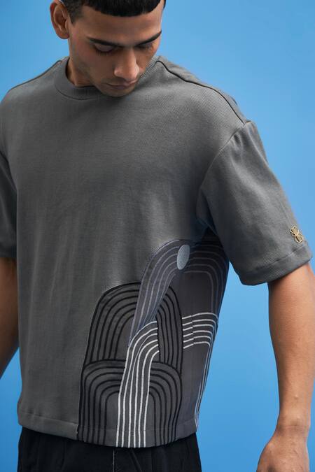 Shop_Siddhant Agrawal_Grey Georgette, Jersey Chrysler Hand Embroidered T-shirt _Online_at_Aza_Fashions