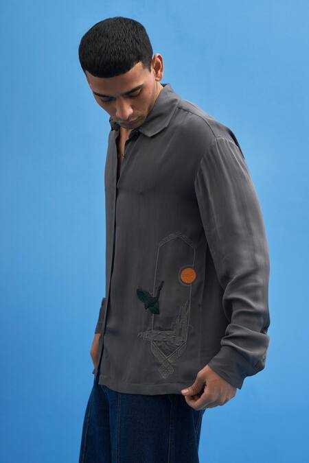 Buy_Siddhant Agrawal_Grey Cotton Georgette Sutairu Hand Embroidered Shirt_Online_at_Aza_Fashions
