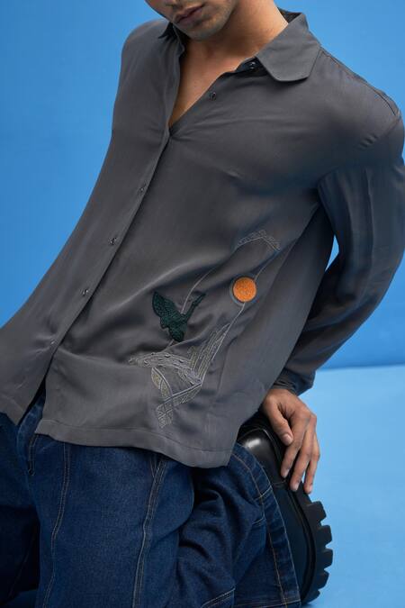 Shop_Siddhant Agrawal_Grey Cotton Georgette Sutairu Hand Embroidered Shirt_Online_at_Aza_Fashions