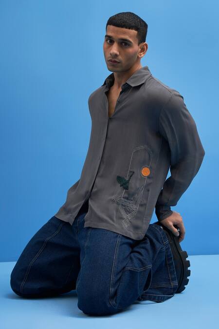 Siddhant Agrawal_Grey Cotton Georgette Sutairu Hand Embroidered Shirt_at_Aza_Fashions