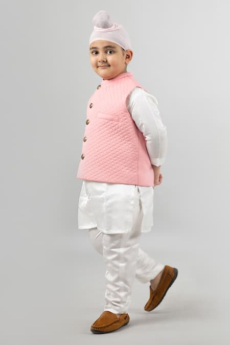 Buy_Darleen Kids Couture_Pink Jacket  Cotton Satin Quilted Bundi Kurta Set _Online_at_Aza_Fashions