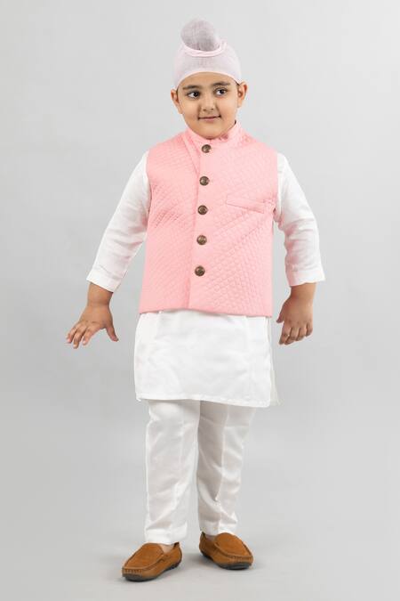 Shop_Darleen Kids Couture_Pink Jacket  Cotton Satin Quilted Bundi Kurta Set _Online_at_Aza_Fashions