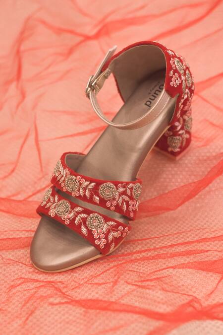 Around Always Red Embroidery Gulshan Velvet Block Heels Online at Aza Fashions Around Always_Red Embroidery Gulshan Velvet Block Heels _Online_at_Aza_Fashions
