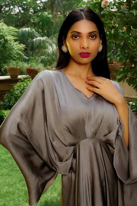 Omana By Ranjana Bothra_Grey Satin Sequins V-neck Gunmetal Flared Gown _Online_at_Aza_Fashions