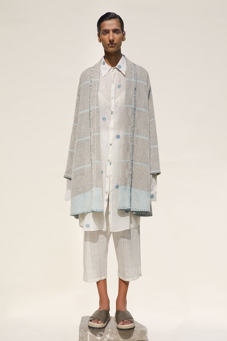 Urvashi Kaur_Black Handloom Cotton Shawl Neck Umi Jacket _Online_at_Aza_Fashions