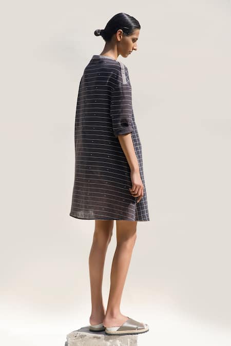 Urvashi Kaur_Grey Cotton Round Neck Rhiza Hand Block Print Dress _Online_at_Aza_Fashions