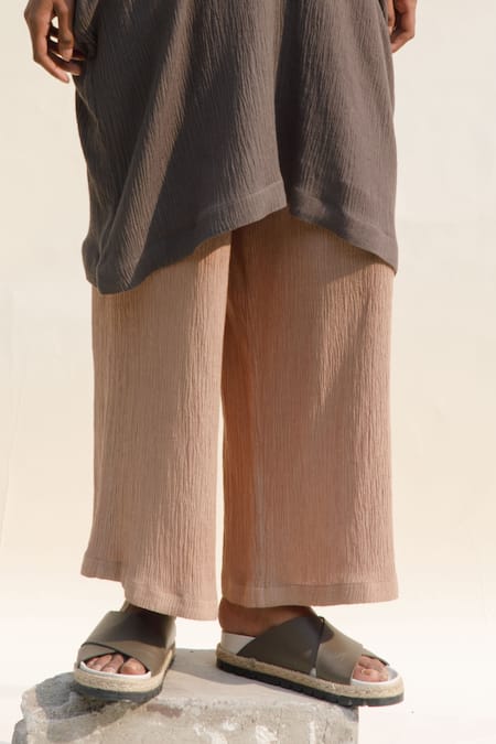 Urvashi Kaur_Beige Crepe Lateral Crinkled Cotton Pant _Online_at_Aza_Fashions