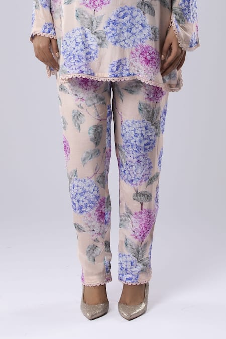 Tangerine Tiger_Peach 100% Rayon Modal Floral Notched Print Short Kurta And Pant Set _Online_at_Aza_Fashions