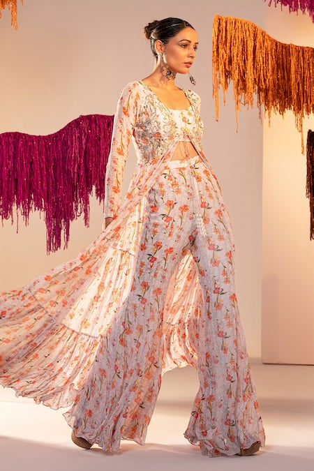 Silky Bindra White Georgette, Cotton Sequins, Crystals Floral Print Long Jacket Palazzo Set Online at Aza Fashions Silky Bindra_White Georgette, Cotton Sequins, Crystals Floral Print Long Jacket Palazzo Set _Online_at_Aza_Fashions