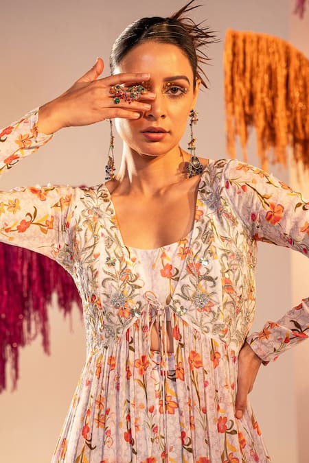 Buy Silky Bindra White Georgette, Cotton Sequins, Crystals Floral Print Long Jacket Palazzo Set Online at Aza Fashions Buy_Silky Bindra_White Georgette, Cotton Sequins, Crystals Floral Print Long Jacket Palazzo Set _Online_at_Aza_Fashions