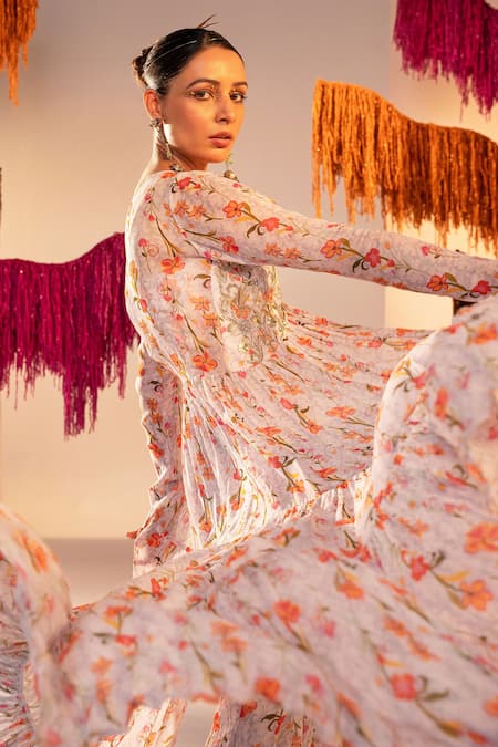 Shop Silky Bindra White Georgette, Cotton Sequins, Crystals Floral Print Long Jacket Palazzo Set Online at Aza Fashions Shop_Silky Bindra_White Georgette, Cotton Sequins, Crystals Floral Print Long Jacket Palazzo Set _Online_at_Aza_Fashions