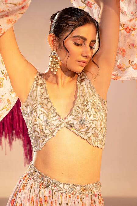 Buy Silky Bindra White Georgette, Net Sequins Floral Bloom Print Lehenga With Embroidered Blouse Online at Aza Fashions Buy_Silky Bindra_White Georgette, Net Sequins Floral Bloom Print Lehenga With Embroidered Blouse _Online_at_Aza_Fashions