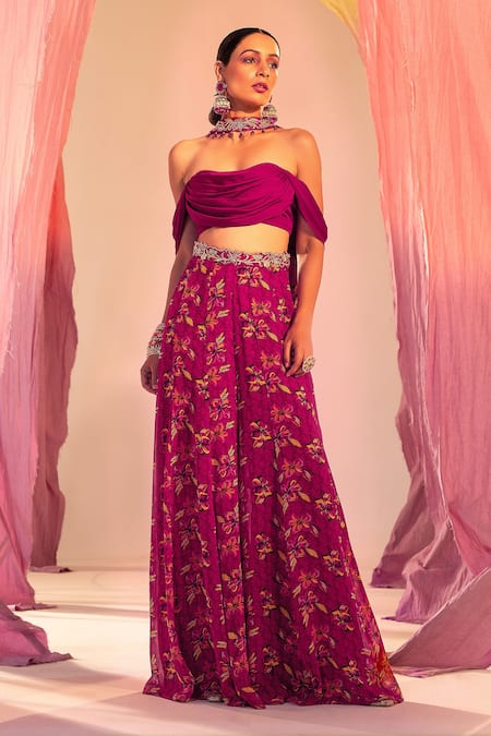 Silky Bindra Purple Georgette, Satin Sequins, Cowl Blouse And Floral Print Palazzo Set Online at Aza Fashions Silky Bindra_Purple Georgette, Satin Sequins, Cowl Blouse And Floral Print Palazzo Set _Online_at_Aza_Fashions