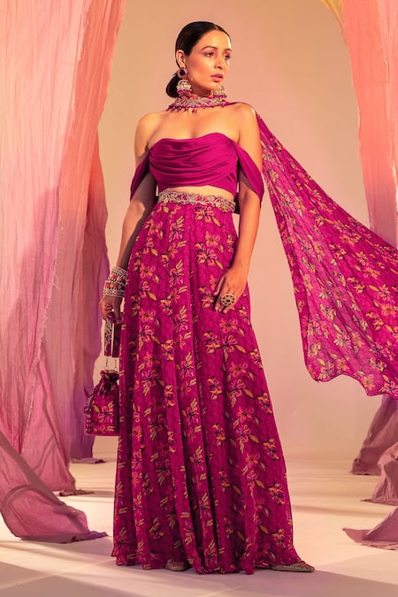 Buy Silky Bindra Purple Georgette, Satin Sequins, Cowl Blouse And Floral Print Palazzo Set Online at Aza Fashions Buy_Silky Bindra_Purple Georgette, Satin Sequins, Cowl Blouse And Floral Print Palazzo Set _Online_at_Aza_Fashions