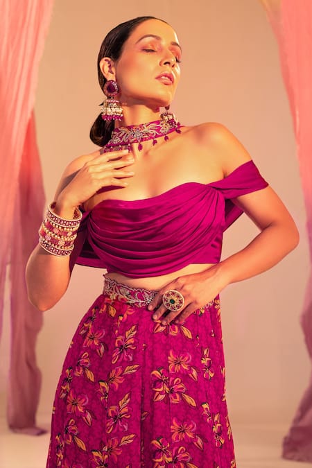 Shop Silky Bindra Purple Georgette, Satin Sequins, Cowl Blouse And Floral Print Palazzo Set Online at Aza Fashions Shop_Silky Bindra_Purple Georgette, Satin Sequins, Cowl Blouse And Floral Print Palazzo Set _Online_at_Aza_Fashions