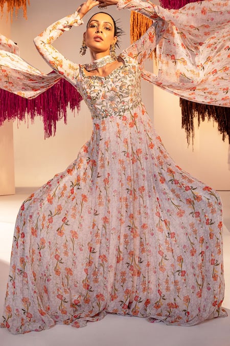 Buy Silky Bindra White Georgette Sequins, Crystals Floral Print Anarkali With Choker Dupatta Online at Aza Fashions Buy_Silky Bindra_White Georgette Sequins, Crystals Floral Print Anarkali With Choker Dupatta _Online_at_Aza_Fashions