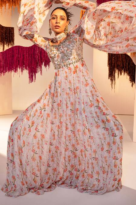 Shop Silky Bindra White Georgette Sequins, Crystals Floral Print Anarkali With Choker Dupatta Online at Aza Fashions Shop_Silky Bindra_White Georgette Sequins, Crystals Floral Print Anarkali With Choker Dupatta _Online_at_Aza_Fashions