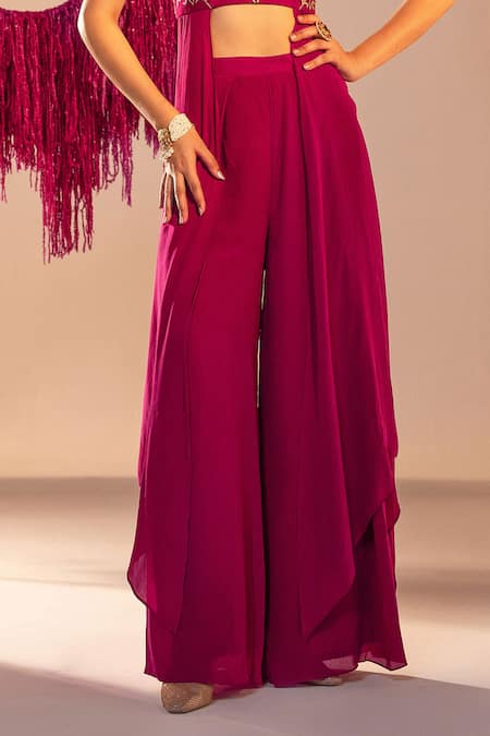 Silky Bindra_Purple Net, Crepe Sequins, Crystals Flower Embroidered Blouse With Pant _Online_at_Aza_Fashions