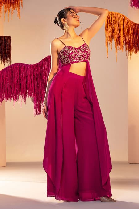 Buy_Silky Bindra_Purple Net, Crepe Sequins, Crystals Flower Embroidered Blouse With Pant _Online_at_Aza_Fashions