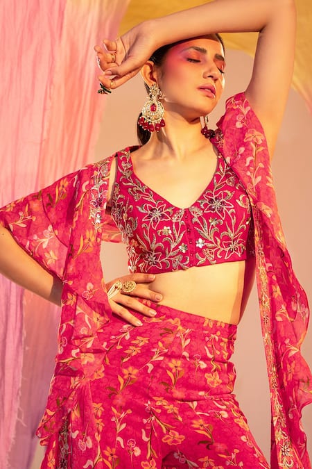 Silky Bindra Pink Georgette Sequins, Crystals, Embroidery V-neck Flower Blouse And Pant Online at Aza Fashions Silky Bindra_Pink Georgette Sequins, Crystals, Embroidery V-neck Flower Blouse And Pant _Online_at_Aza_Fashions