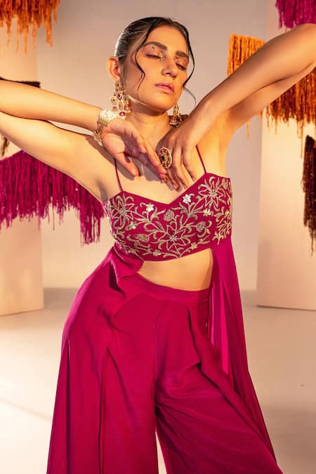 Shop_Silky Bindra_Purple Net, Crepe Sequins, Crystals Flower Embroidered Blouse With Pant _Online_at_Aza_Fashions