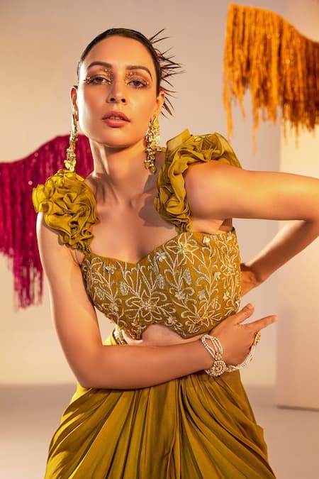 Shop Silky Bindra Green Organza, Satin, Georgette Floral Embroidered Corset With Draped Skirt Online at Aza Fashions Shop_Silky Bindra_Green Organza, Satin, Georgette Floral Embroidered Corset With Draped Skirt _Online_at_Aza_Fashions