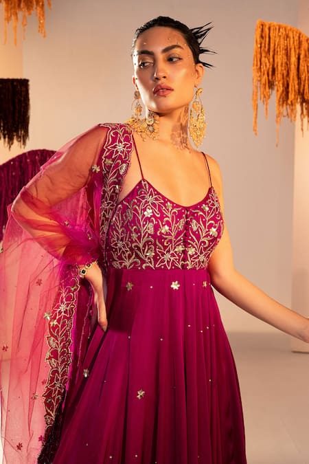 Buy Silky Bindra Purple Satin, Georgette Embroidery, Floral Bodice Anarkali With Dupatta Online at Aza Fashions Buy_Silky Bindra_Purple Satin, Georgette Embroidery, Floral Bodice Anarkali With Dupatta _Online_at_Aza_Fashions