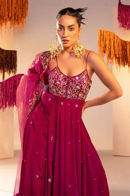 Shop Silky Bindra Purple Satin, Georgette Embroidery, Floral Bodice Anarkali With Dupatta Online at Aza Fashions Shop_Silky Bindra_Purple Satin, Georgette Embroidery, Floral Bodice Anarkali With Dupatta _Online_at_Aza_Fashions