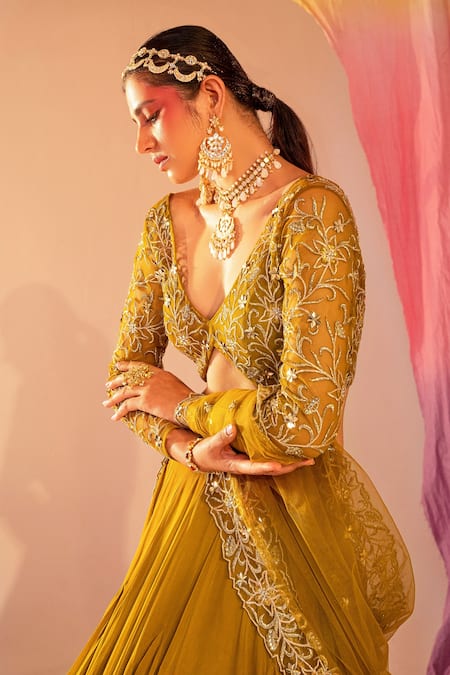 Buy Silky Bindra Green Georgette, Net, Silk, Chiffon Frilled Lehenga And Floral Blouse Set Online at Aza Fashions Buy_Silky Bindra_Green Georgette, Net, Silk, Chiffon Frilled Lehenga And Floral Blouse Set _Online_at_Aza_Fashions