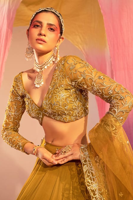 Shop Silky Bindra Green Georgette, Net, Silk, Chiffon Frilled Lehenga And Floral Blouse Set Online at Aza Fashions Shop_Silky Bindra_Green Georgette, Net, Silk, Chiffon Frilled Lehenga And Floral Blouse Set _Online_at_Aza_Fashions