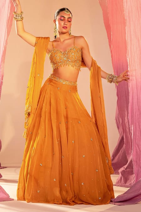 Silky Bindra_Yellow Georgette, Organza, Silk Sequins, Floral Butti Embroidered Lehenga Set _Online_at_Aza_Fashions