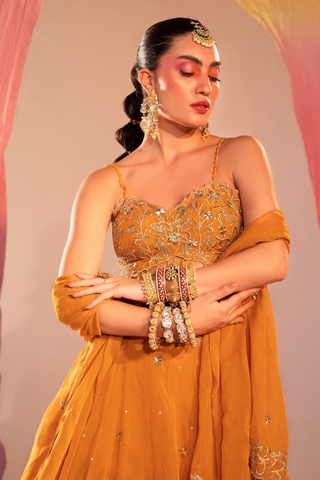Buy_Silky Bindra_Yellow Georgette, Organza, Silk Sequins, Floral Butti Embroidered Lehenga Set _Online_at_Aza_Fashions