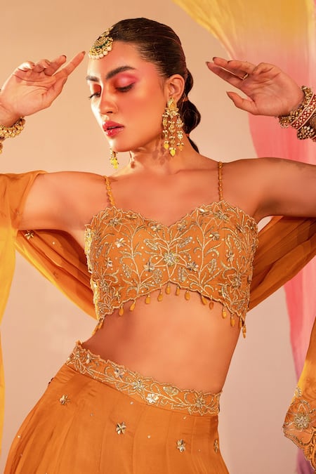 Shop_Silky Bindra_Yellow Georgette, Organza, Silk Sequins, Floral Butti Embroidered Lehenga Set _Online_at_Aza_Fashions