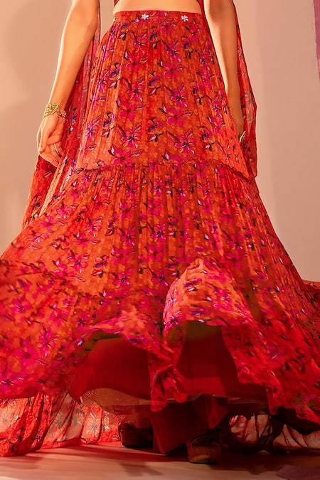 Silky Bindra_Orange Georgette, Silk Sequins, Crystals, Floral Bloom Print Tiered Lehenga Set _Online_at_Aza_Fashions