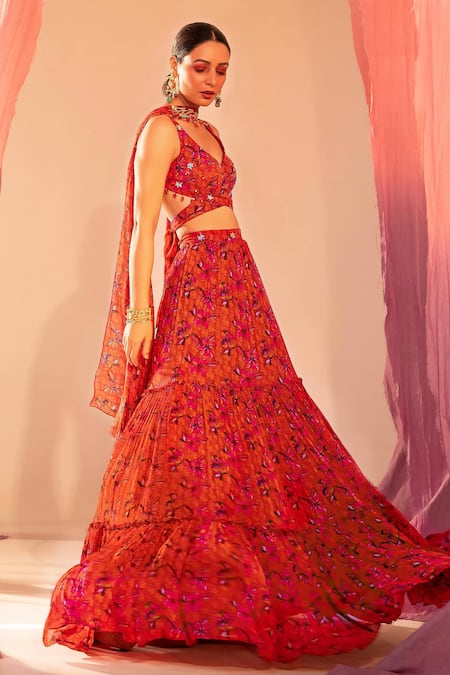 Buy_Silky Bindra_Orange Georgette, Silk Sequins, Crystals, Floral Bloom Print Tiered Lehenga Set _Online_at_Aza_Fashions