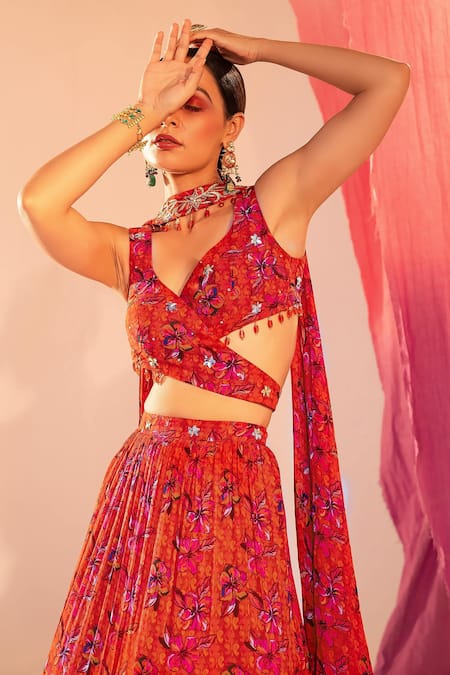 Shop_Silky Bindra_Orange Georgette, Silk Sequins, Crystals, Floral Bloom Print Tiered Lehenga Set _Online_at_Aza_Fashions