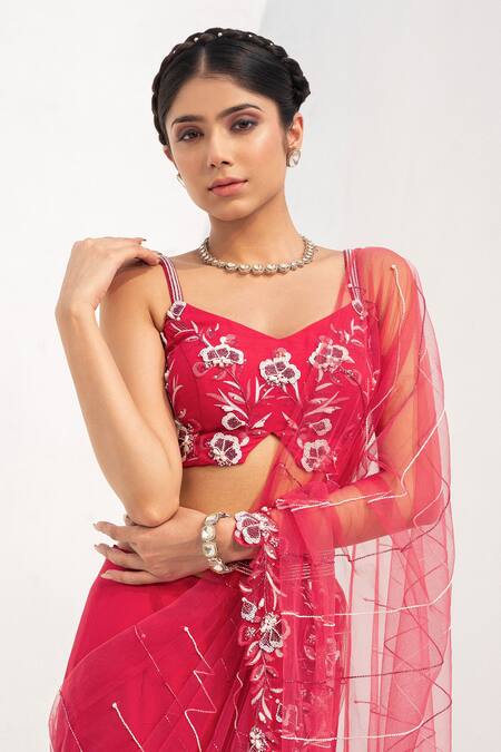 Nayna Kapoor Red Georgette, Organza Cut Work, Pre-draped Floral Embroidered Saree With Blouse Online at Aza Fashions Nayna Kapoor_Red Georgette, Organza Cut Work, Pre-draped Floral Embroidered Saree With Blouse_Online_at_Aza_Fashions