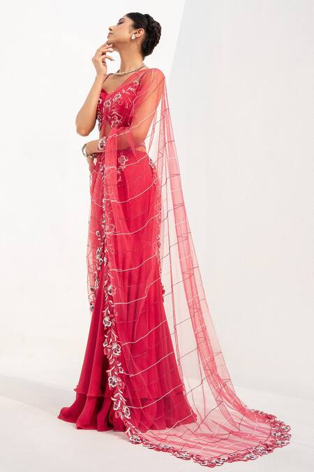 Buy Nayna Kapoor Red Georgette, Organza Cut Work, Pre-draped Floral Embroidered Saree With Blouse Online at Aza Fashions Buy_Nayna Kapoor_Red Georgette, Organza Cut Work, Pre-draped Floral Embroidered Saree With Blouse_Online_at_Aza_Fashions